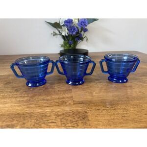 Hazel Atlas Moderntone Cobalt Blue Glass Cream Soup Cups Set Art Deco Vintage